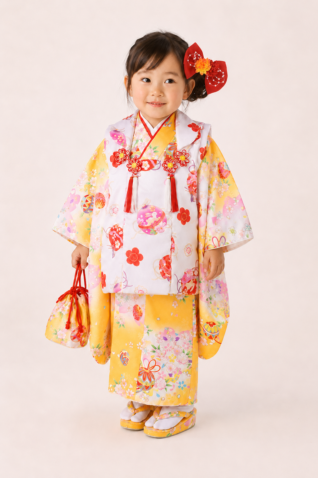 七五三（子ども）　3歳女の子　手毬に桜文様　黄色着物・白被布　3G004 レンタル