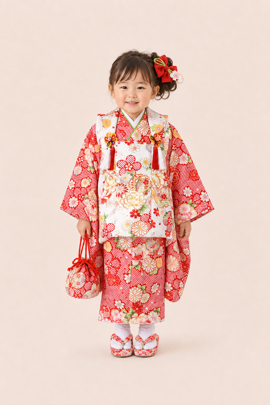 七五三（子ども）　3歳女の子　鹿の子に四季花文様　赤着物・白被布　3G005 レンタル