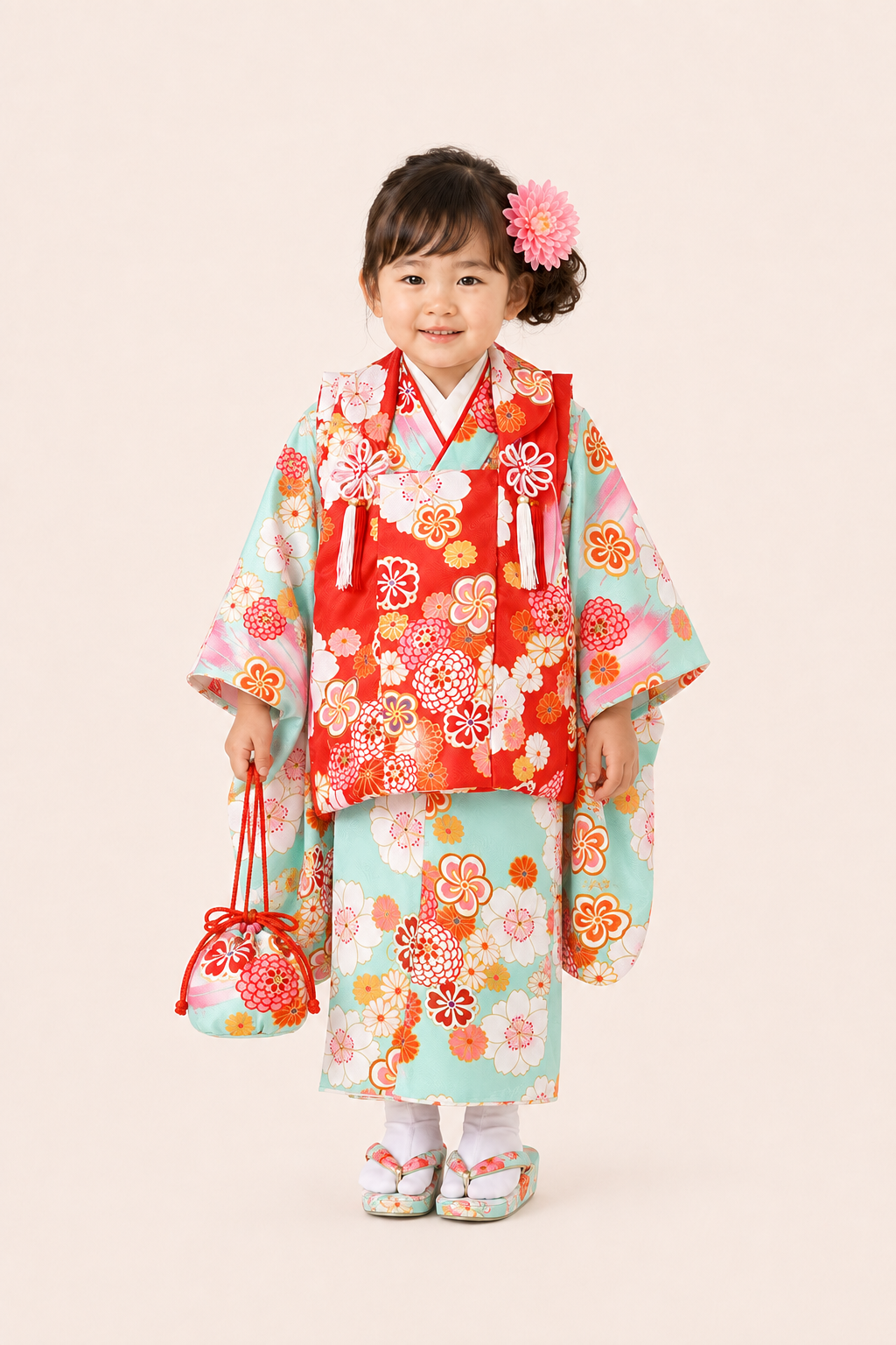 七五三（子ども）　3歳女の子　桜に梅と菊文様　水色着物・赤被布　3G009 レンタル