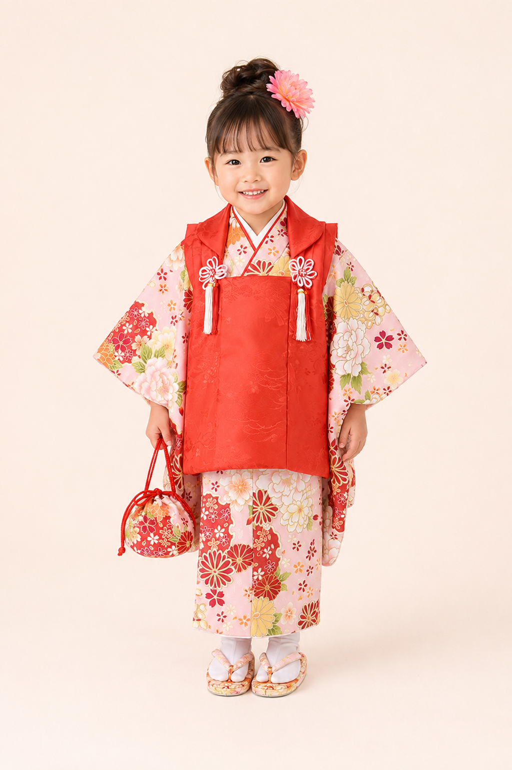 七五三（子ども）　3歳女の子　牡丹に菊文様　ピンク着物・赤被布　3G011 レンタル