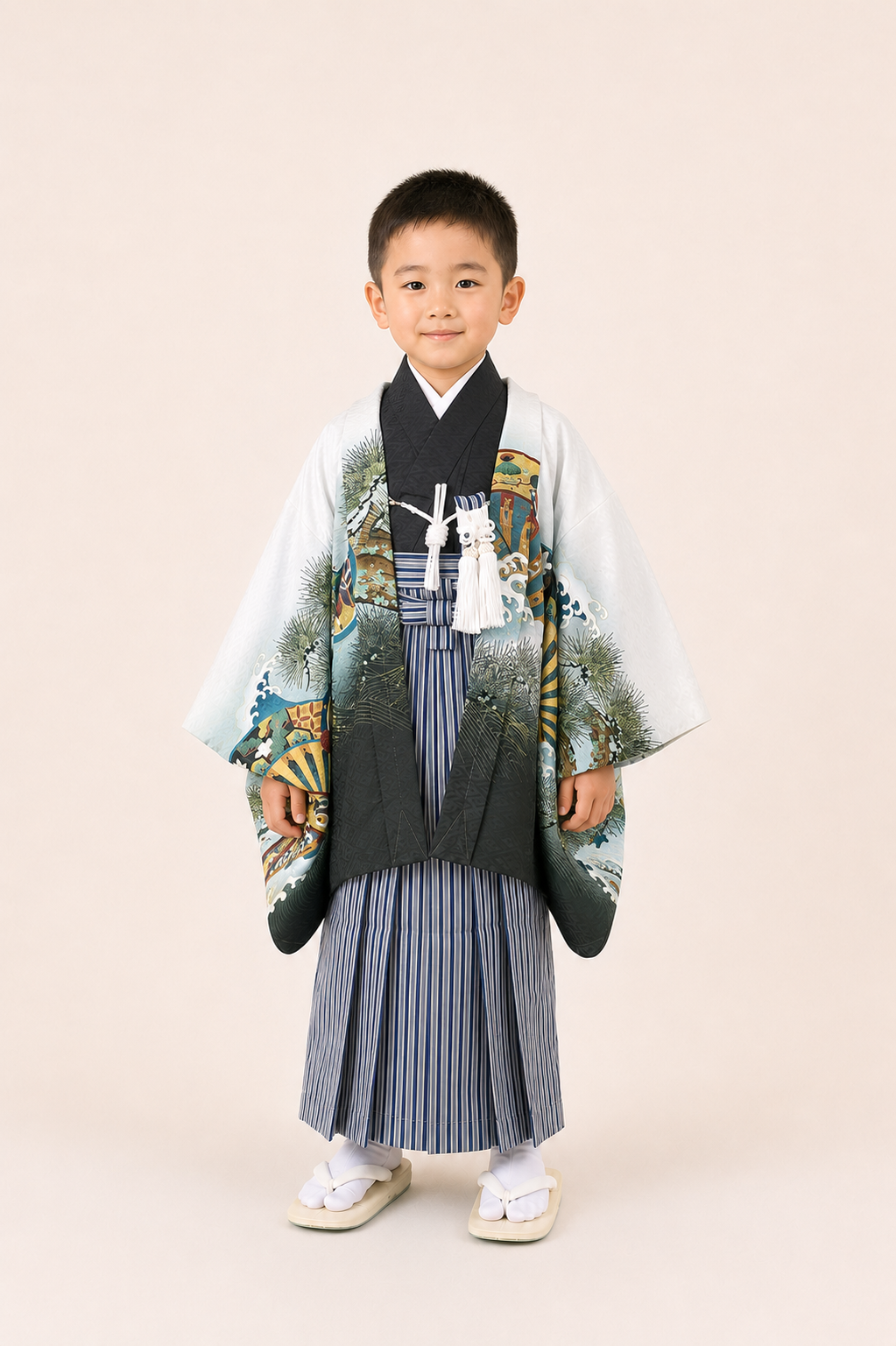七五三（子ども）　5歳男の子　兜に軍配と松文様　黒着物・白、黒羽織　5B002 レンタル