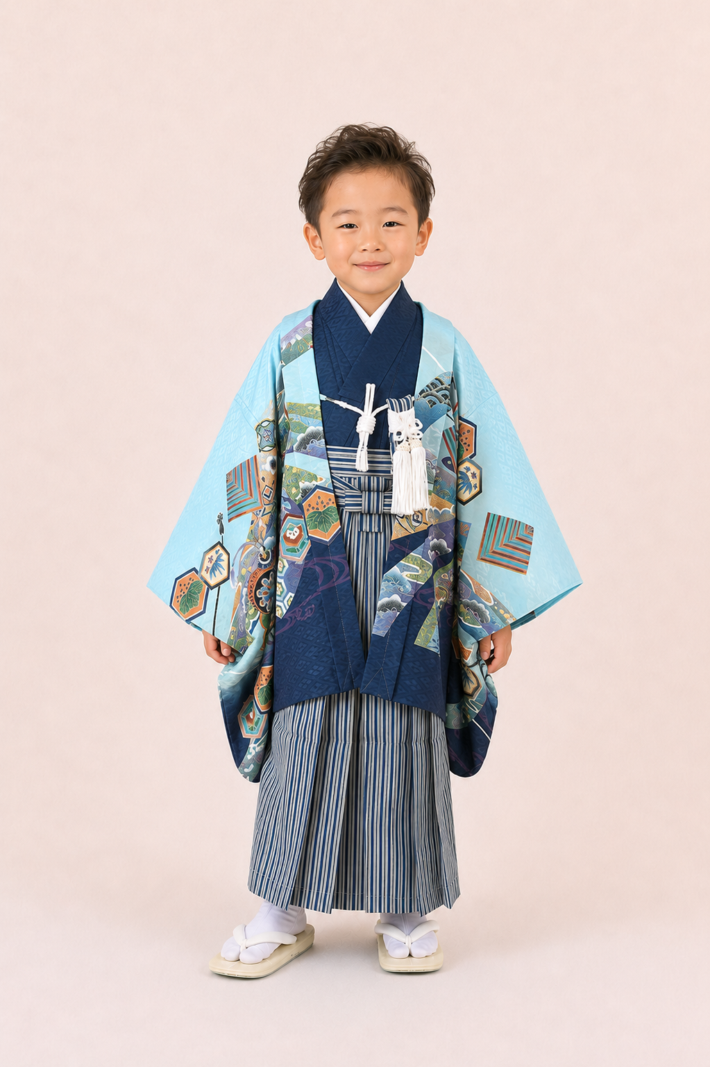 七五三（子ども）　5歳男の子　兜に宝尽くし文様　紺着物・水色、紺羽織　5B006 レンタル