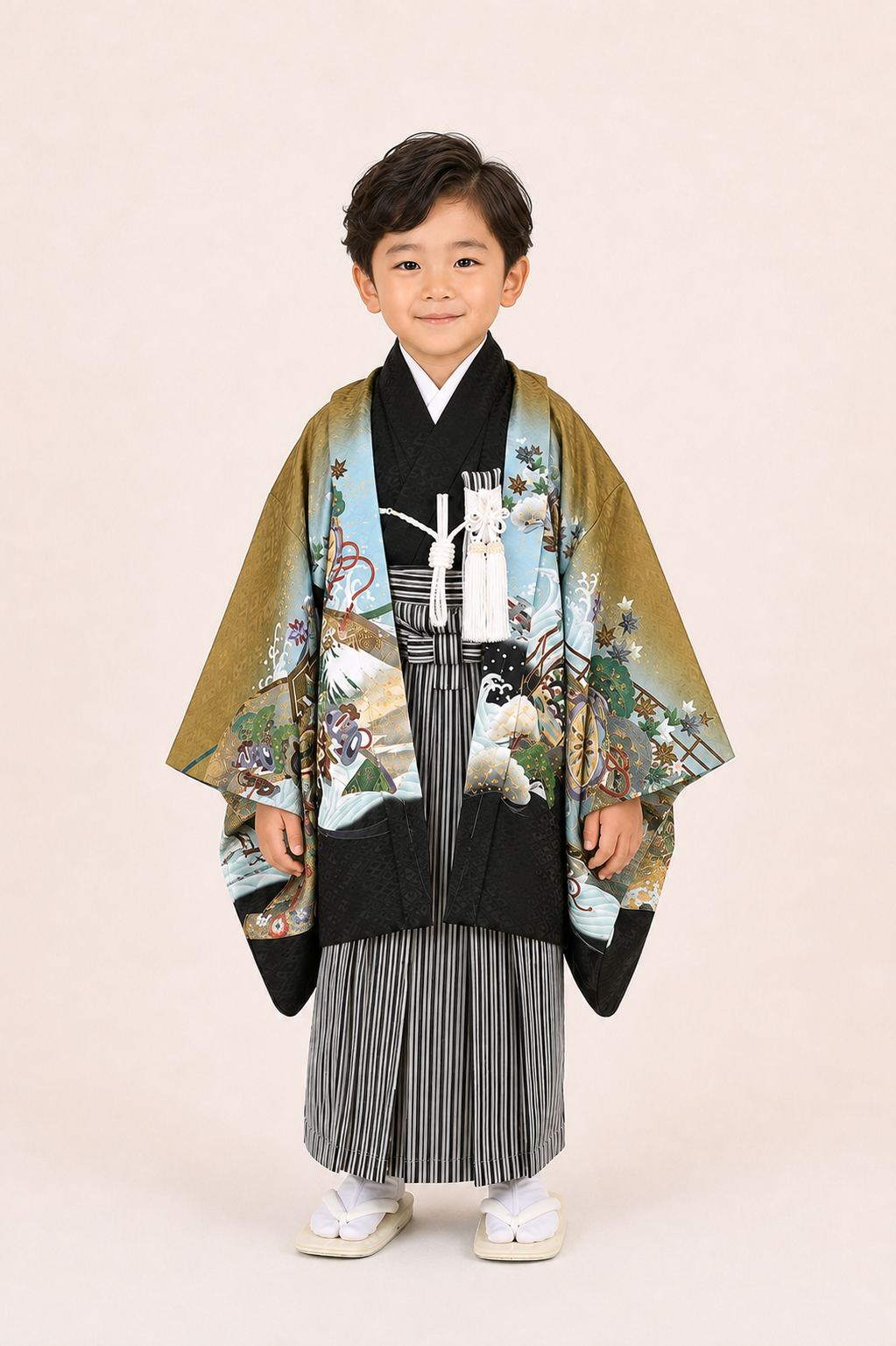 七五三（子ども）　5歳男の子　鷹に宝尽くし文様　黒色着物×金茶色、黒色羽織　5B010 レンタル