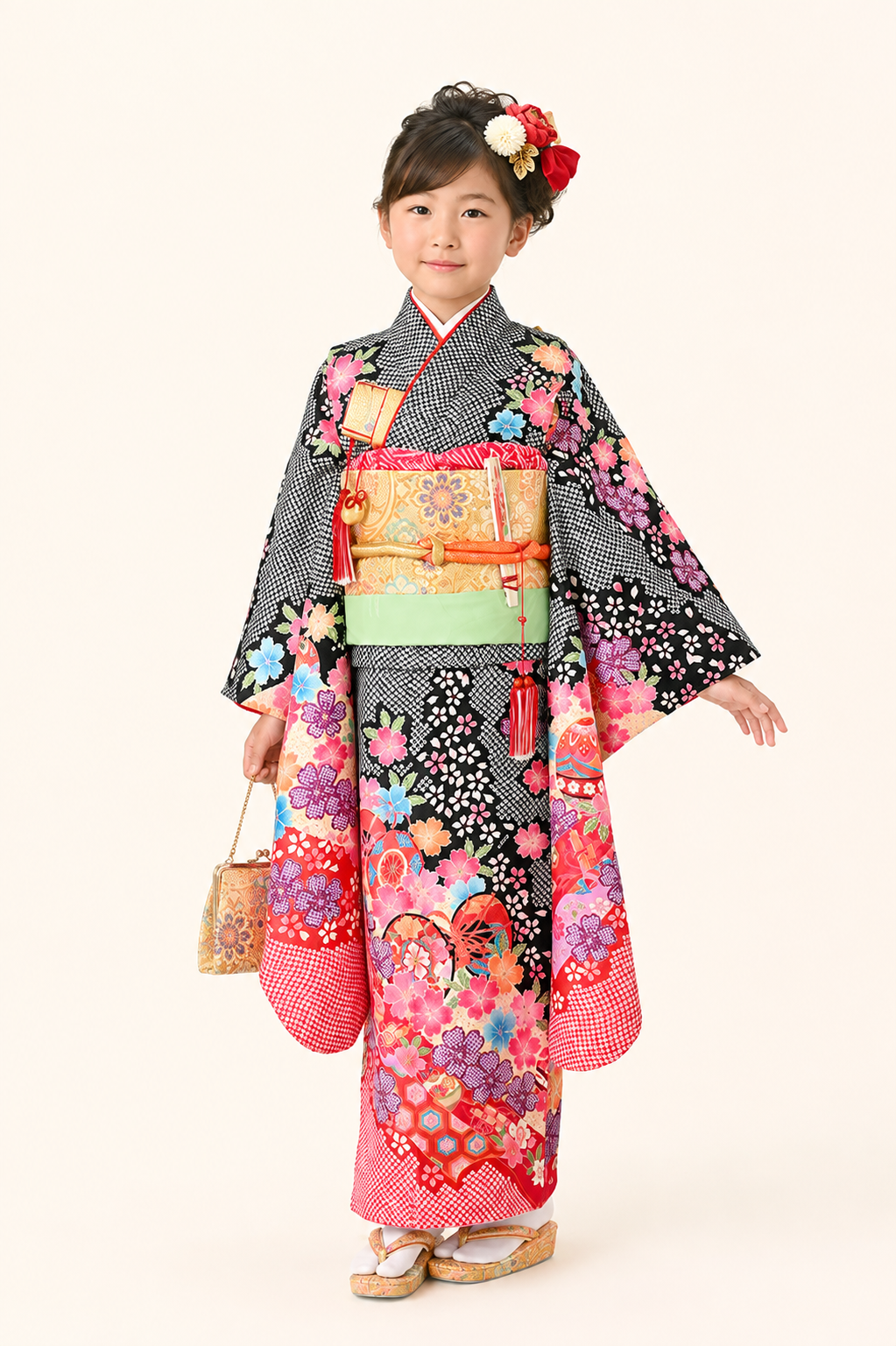 七五三（子ども）　7歳女の子　鼓に花尽くし文様　黒色×赤　7G002 レンタル