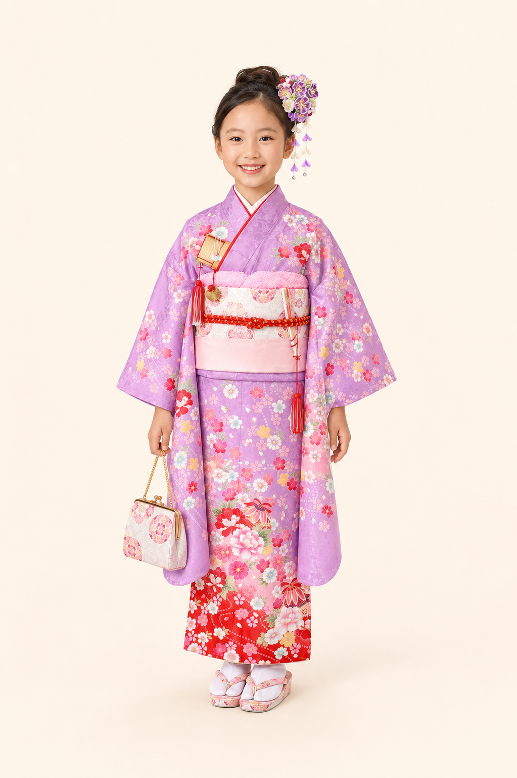 七五三（子ども）　7 歳女の子　花尽くし文様　藤色　7G004 レンタル