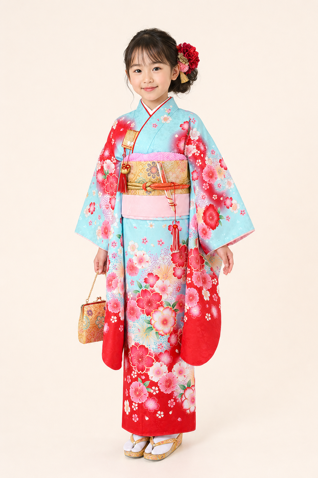 七五三（子ども）　7 歳女の子　桜花文様　水色×赤　7G005 レンタル