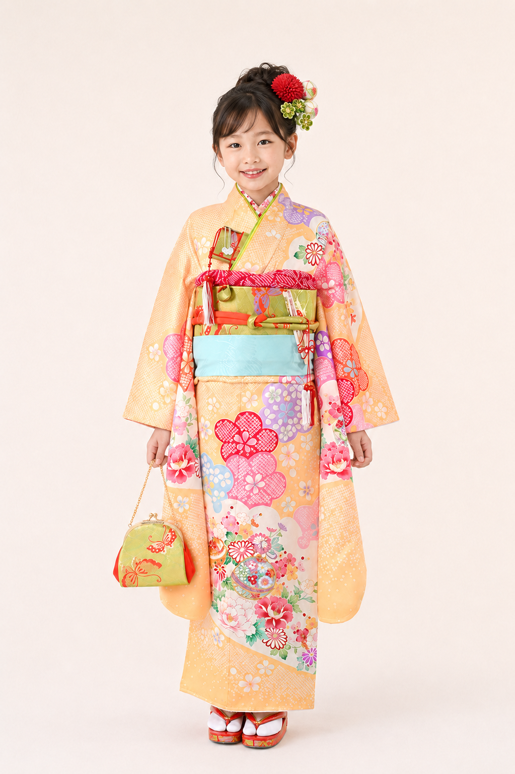 七五三（子ども）7歳女の子　蝶と手毬に花尽くし文様　黄色　7G008　レンタル