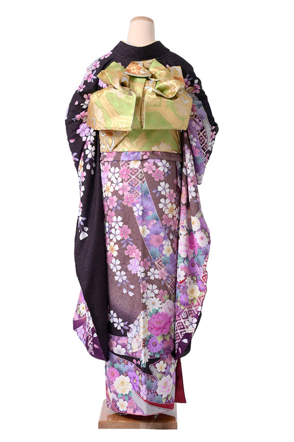 正絹振り袖　枝花文様　紫紺 正絹振り袖 枝花文様 紫紺