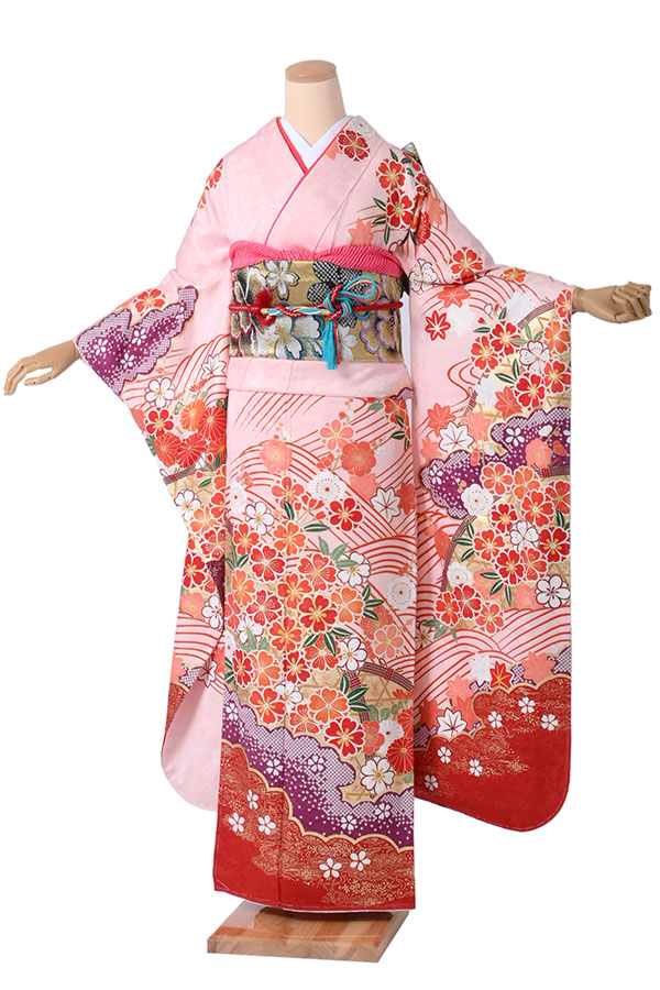 振袖（正絹） 流水春秋花文 桜色 Lサイズ A020 レンタル｜京都きもの