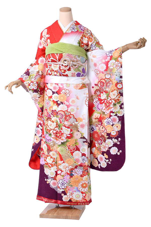 振袖（正絹） 熨斗百花文 赤色 Lサイズ A030 レンタル｜京都きもの市場 