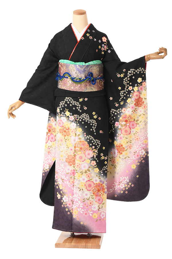 振袖（正絹） 花丸に四季花文様 黒×ピンクぼかし地 LOサイズ A044 