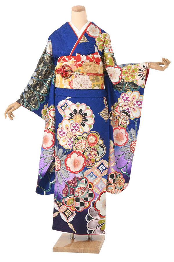 振袖（正絹） 大輪花文様 瑠璃色 LOサイズ A099 レンタル｜京都きもの
