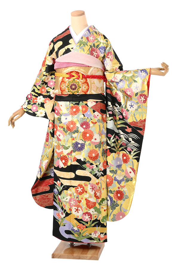 振袖（正絹） エ霞四季花文様 黒色 LOサイズ A105 レンタル｜京都