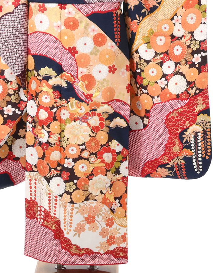 振袖（正絹） 菊桜牡丹藤文様 紺青色 LLサイズ A107 レンタル｜京都