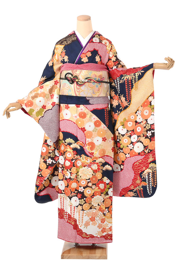振袖レンタル 菊桜牡丹藤文様 紺青色 LLサイズ A107｜京都きもの市場