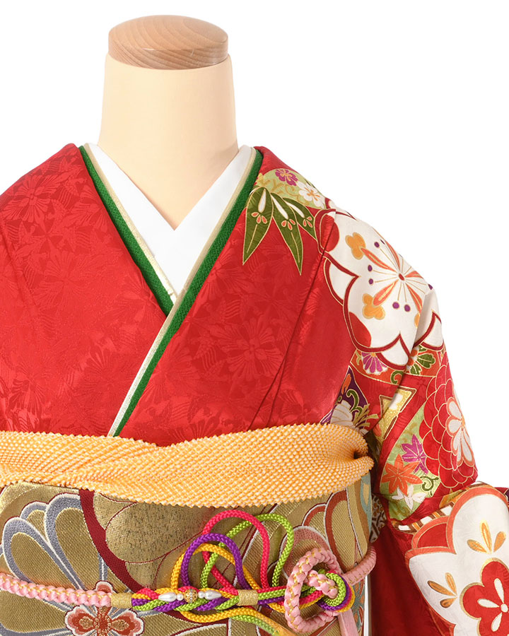 振袖（正絹） 花菱に四季の花文様 赤地 Mサイズ A136 レンタル｜京都