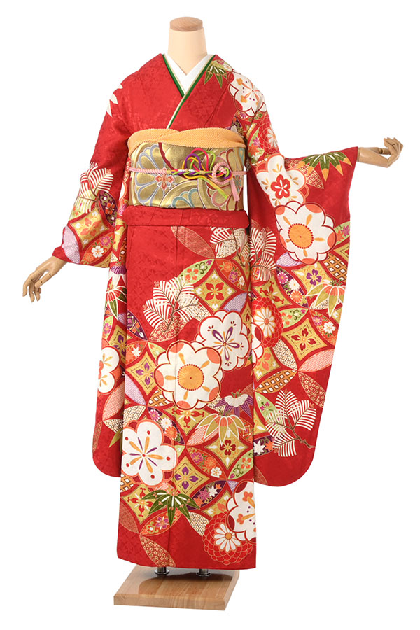 振袖（正絹） 花菱に四季の花文様 赤地 Mサイズ A136 レンタル｜京都