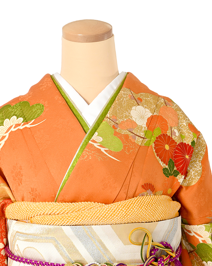 振袖（正絹） 雲取り松竹梅文様 橙色 LサイズA145 レンタル｜京都