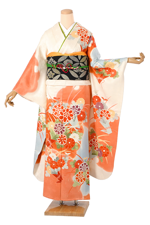 振袖レンタル 熨斗菊文様 生成×橙色 MOサイズ A149｜京都きもの市場