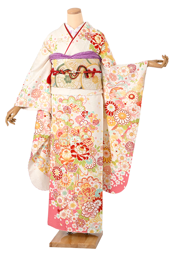 振袖（正絹） 四季花文様 白×桃色 MOサイズ A156 レンタル｜京都きもの