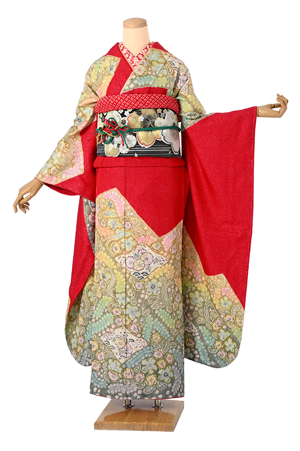 振袖（正絹） 辻が花文様 赤色 MOサイズ A158 レンタル｜京都きもの