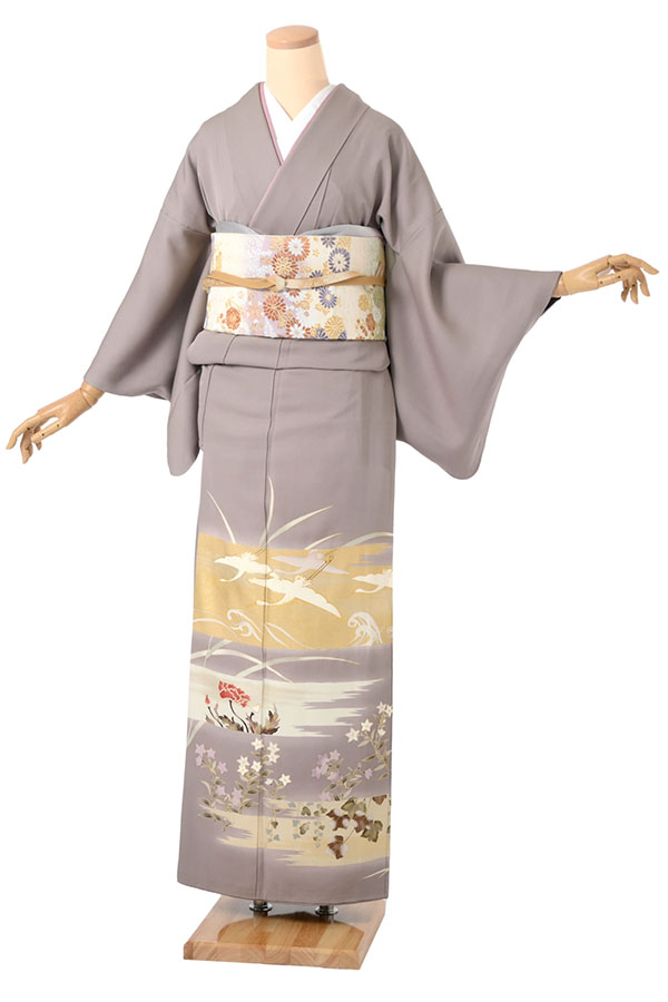 色留袖（正絹） 霞に琳派花鳥図 茶鼠色 Mサイズ C012 レンタル｜京都