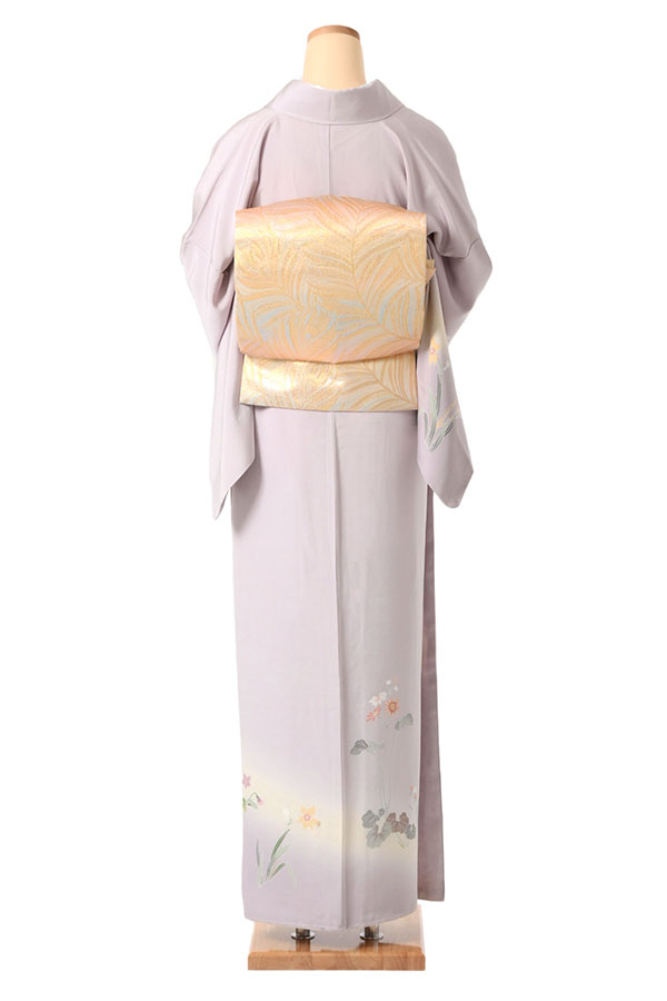 正絹　紋付き　訪問着　藤色 訪問着（正絹） 草花文 藤色 LOサイズ D322 レンタル｜京都きもの市場