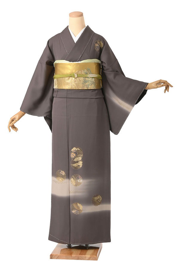 訪問着レンタル 霞に雪輪草花 嵯峨鼠色 MOサイズ D383｜京都きもの市場