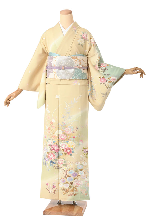 訪問着（正絹） 四季草花文 蒸栗色 MOサイズ D418 レンタル｜京都