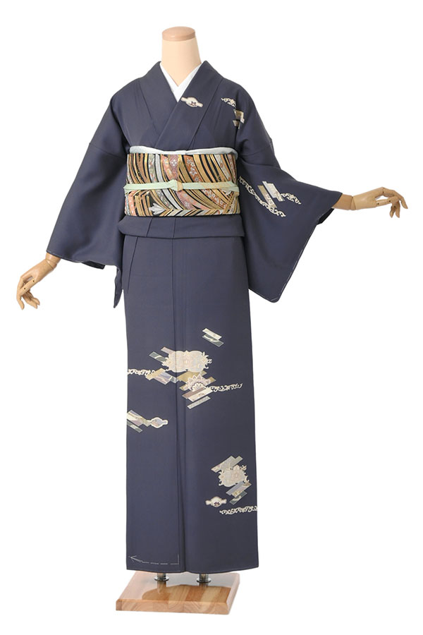 訪問着レンタル 幾何取華文 青褐色 Sサイズ D435｜京都きもの市場 着物