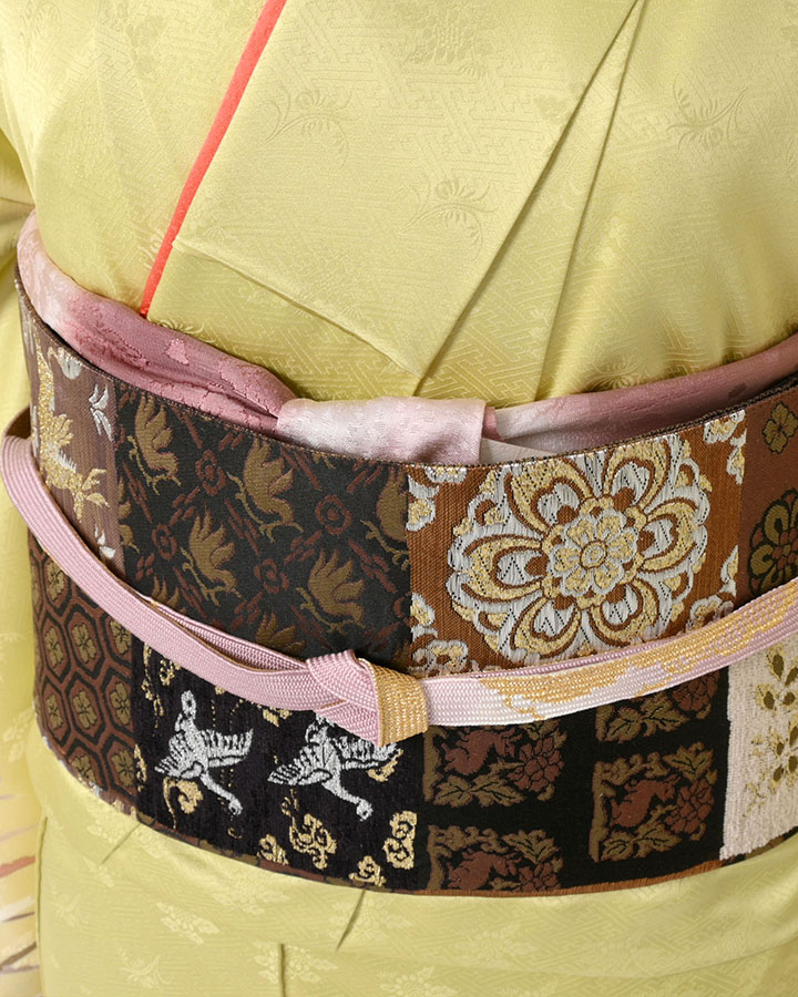 訪問着（正絹） 露芝に花丸 鶸(ひわ)色 Sサイズ D569 レンタル｜京都 