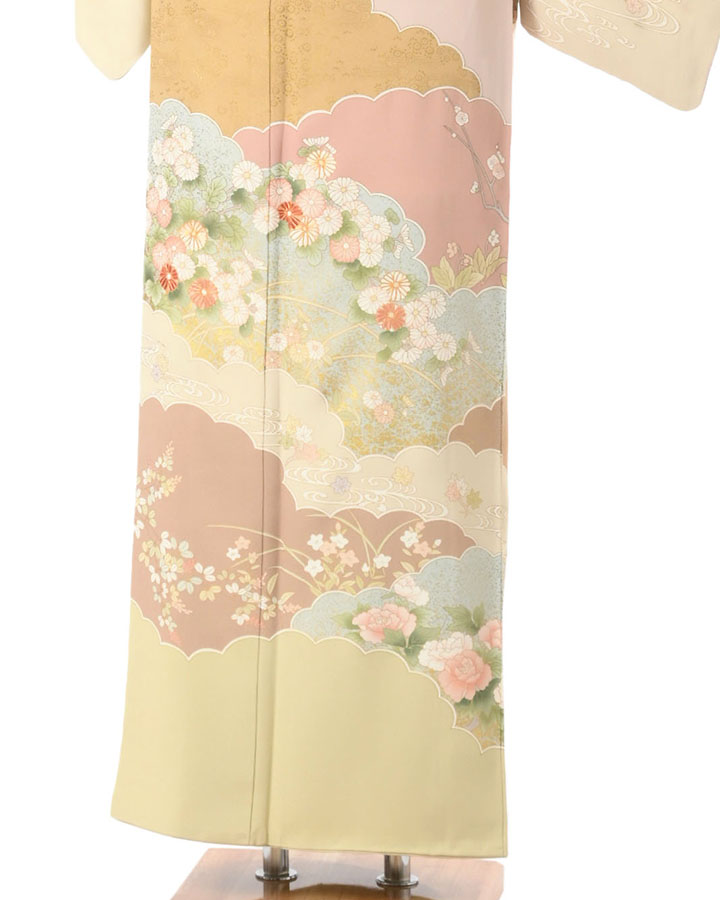 訪問着（正絹） 瑞雲四季草花文 桜色 Lサイズ D623 レンタル｜京都