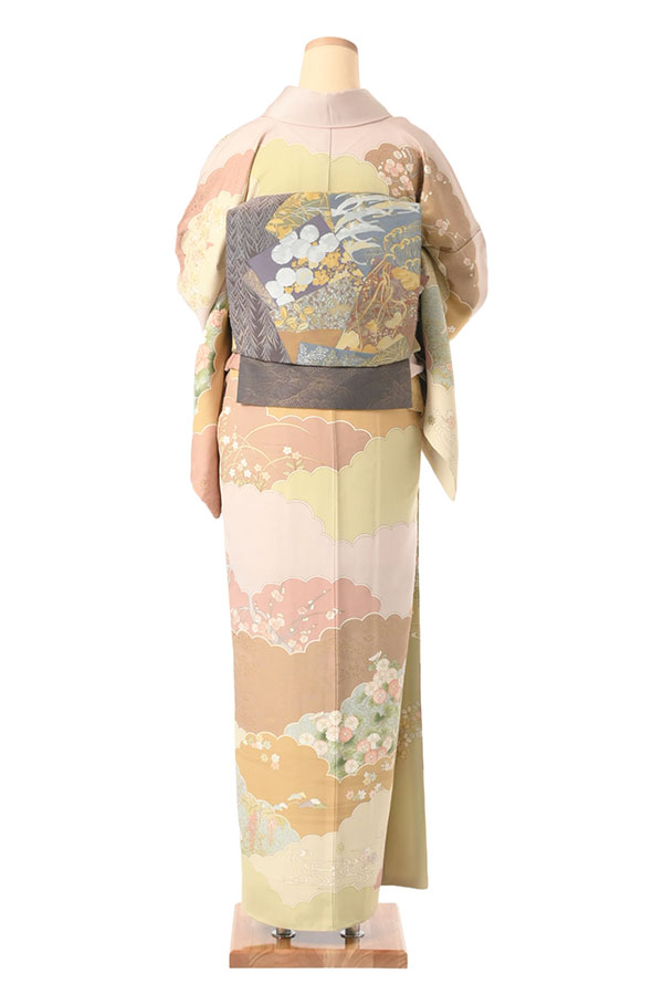 訪問着（正絹） 瑞雲四季草花文 桜色 Lサイズ D623 レンタル｜京都