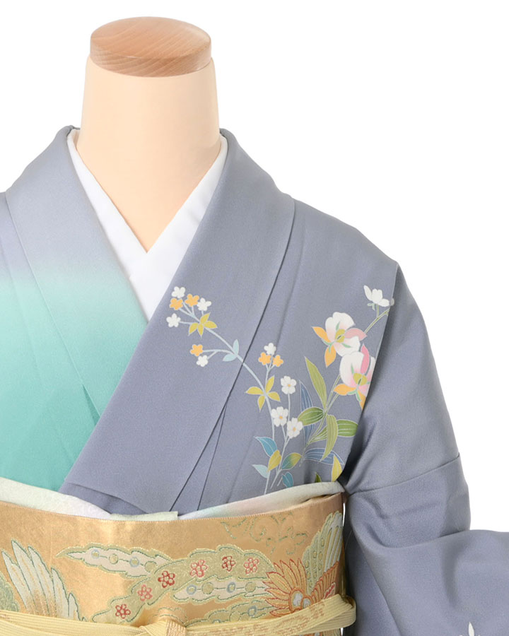 訪問着（正絹） 吉祥花苑 翡翠色/藍鼠色 Lサイズ D631 レンタル｜京都