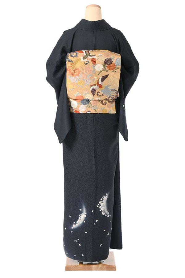 訪問着レンタル 三日月桜文 黒色 MOサイズ D725｜京都きもの市場
