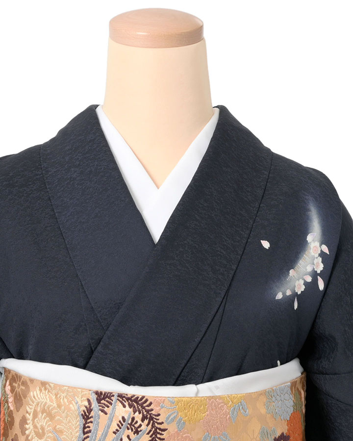 訪問着　黒　松竹　桜　ちりめん 訪問着t1392 式部浪漫 黒 桜橘七宝(化繊) | 着物レンタルの京都