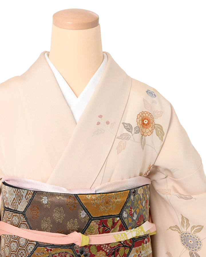 1796高身長ベージュ花文様訪問着 袷単品 （袷】若菜色 四季花文 訪問着  