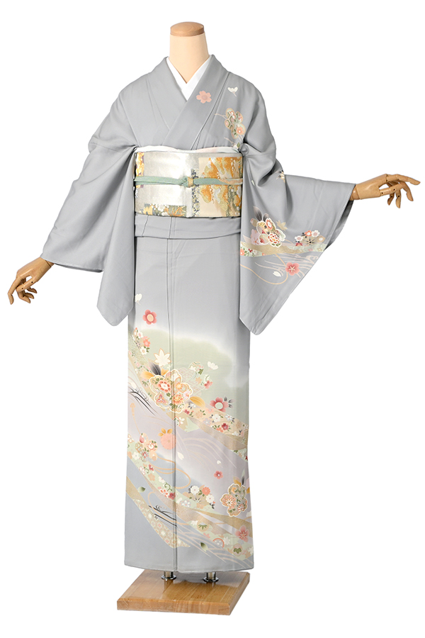 訪問着（正絹） 短冊草花文様 薄鈍色 Lサイズ D947 レンタル｜京都 