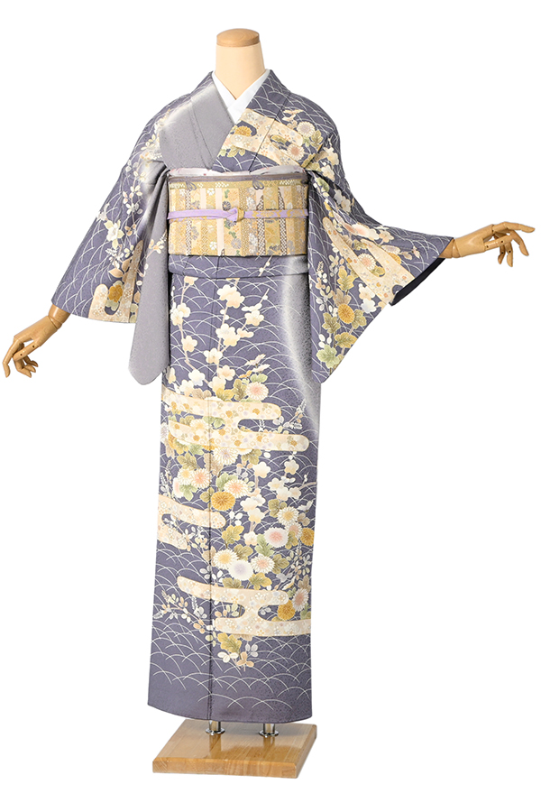 霞文様 着物 訪問着 正絹 四季花尽くし霞文様 紫苑色 Sサイズ D953