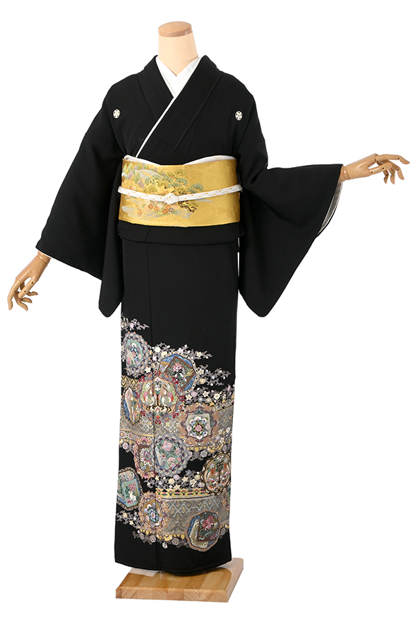 正絹黒留袖　束ね熨斗正倉院花鳥文　金彩　⑧( 訪問着、紬、袋帯なども出品) 黒留袖（正絹） 正倉院花鳥文様 Mサイズ W003-3 レンタル｜京都きもの
