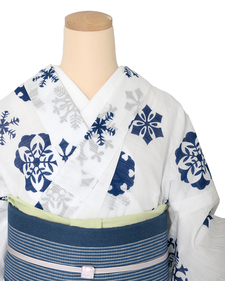 浴衣【竺仙】 雪の結晶 綿絽白地／紺 y004 レンタル｜京都きもの市場