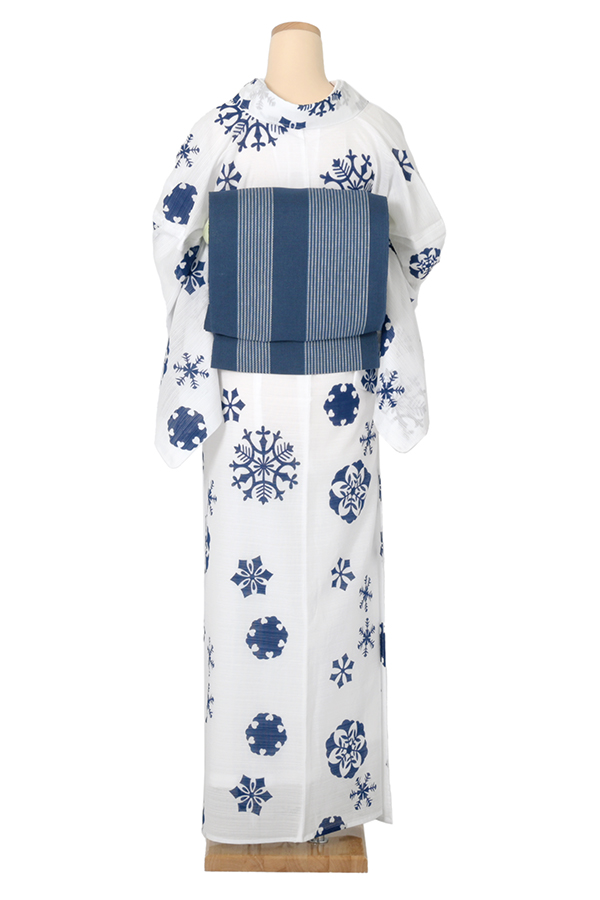 竺仙　綿絽 銀座【D-3488】竺仙製 綿絽 浴衣 青藍色 四季花の丸（反端付